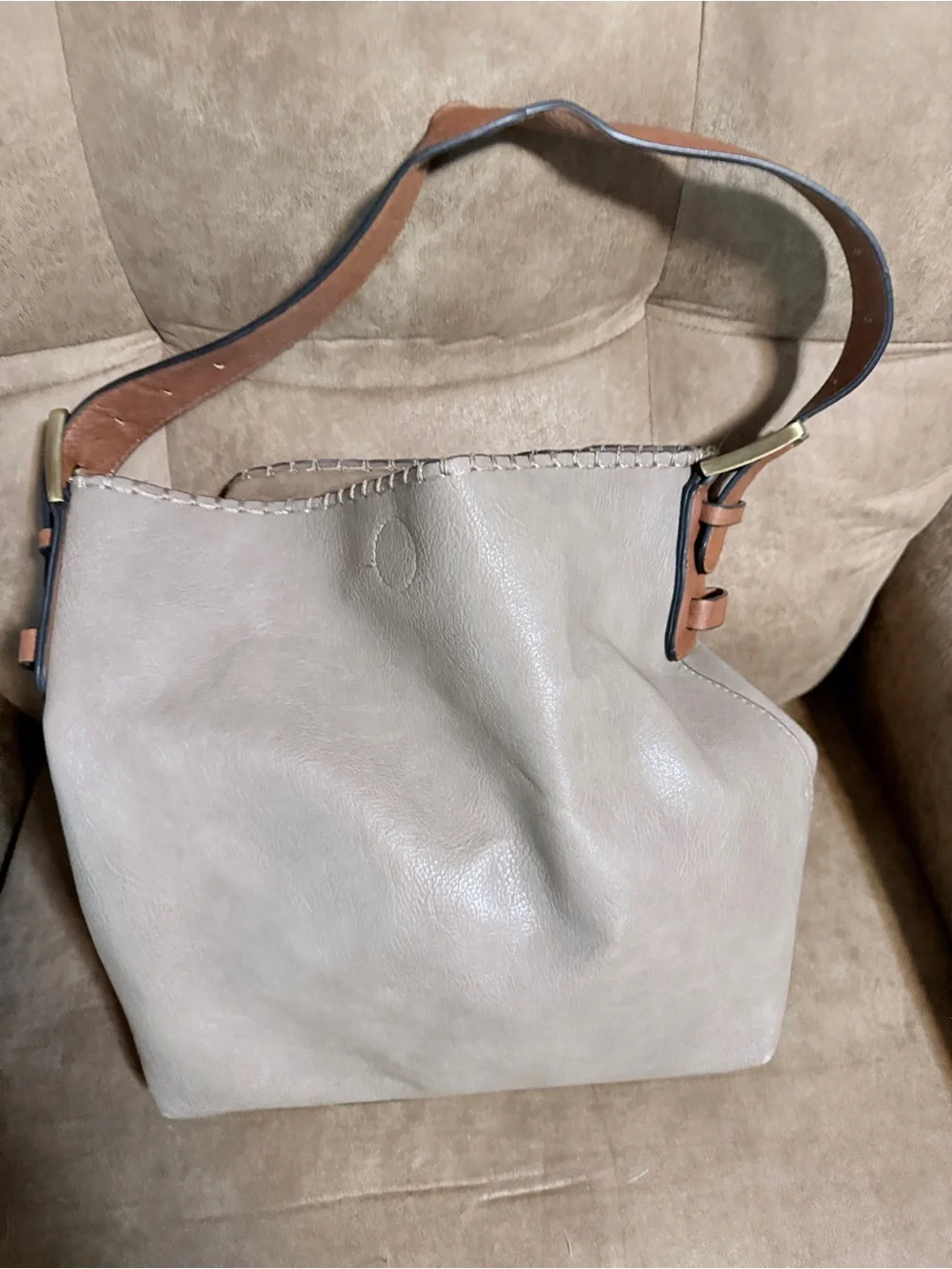 Classic Beige Leather Shoulder Bag with Tan Strap